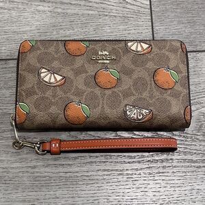 Coach Wallet Signature Orange Print Tan Clutch Wristlet Long Zip Wallet